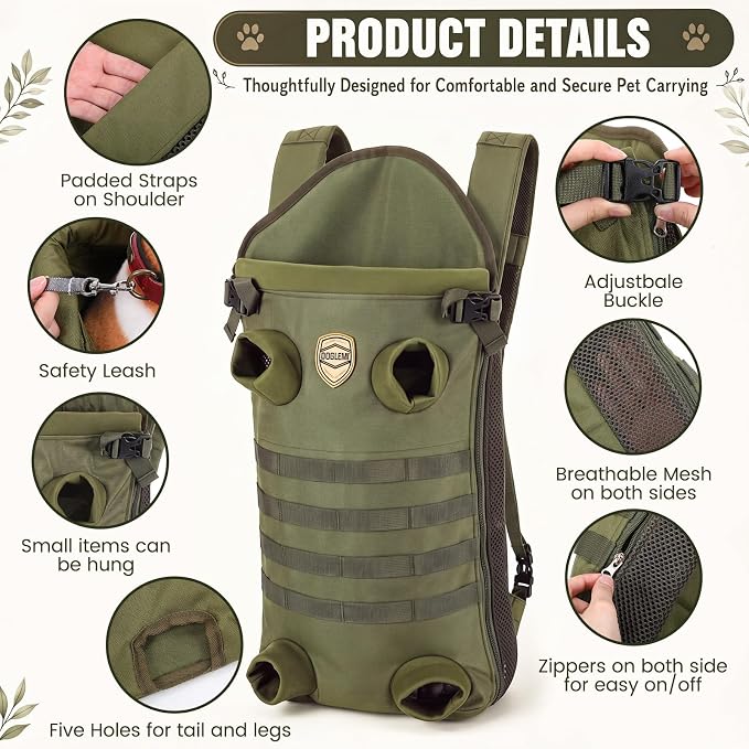 Dog Carrier Tactical Backpack for Medium Large 26-40lbs, Dog Soft Hands-Free Legs Out Pet Cat Front Carrier Backpack Facing Travel Bag for Outdoor Traveling Hiking Camping Bike(Green)