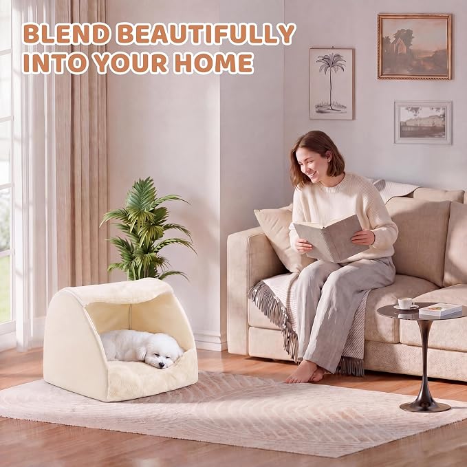 LATIBELL Indoor Puppy House Foldable Pet Tent Cave Bed ，White | Foldable Indoor Dog House With Removable Washable Soft Cushion, Covered Cave For Small Puppy