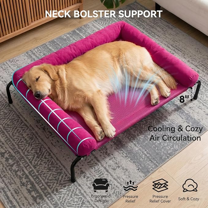 Cooling Elevated Dog Bed for Large Dogs, Outdoor Raised Dog Beds Dogs Cot | Dogs Bed W/Breathable Mesh, Pet Cots W/Removable Waterproof Bolster