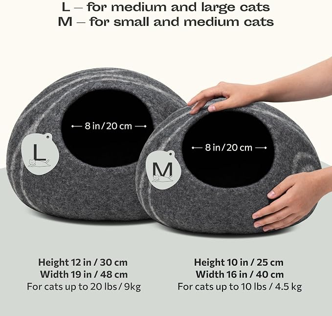 Cat Cave – Premium Felt Cat Bed Enclosure for Indoor Cats, Handmade Merino Wool (Dark Grey, Large)