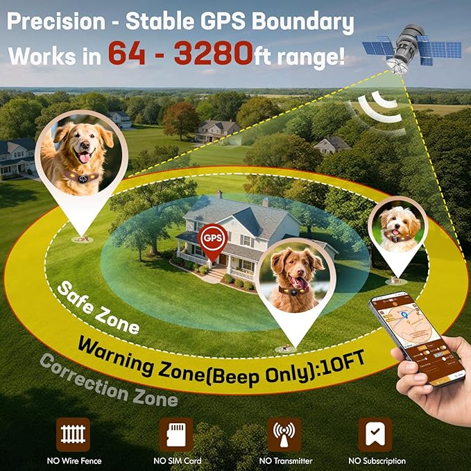 GPS Wireless Dog Fence, Smart Portable Electric Dog Fence Collar with Free App, 64-3280ft Adjustable Boundary, Rechargeable IP7 Waterproof, for Small Medium Large Dogs Outdoor Use