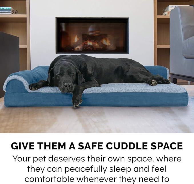 Furhaven Orthopedic Dog Bed for Large/Medium Dogs w/ Removable Bolsters & Washable Cover, For Dogs Up to 55 lbs - Two-Tone Plush Faux Fur & Suede L Shaped Chaise - Marine Blue, Large
