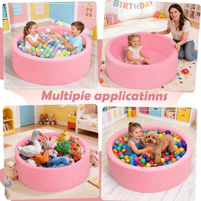 Imitation Teddy Foam Ball Pits 35.4"x 11.8" Soft Round Playpen for Toddlers and Pets with Soft Memory Sponge for Babies Indoor and Outdoor Game Pink (Balls not Included)