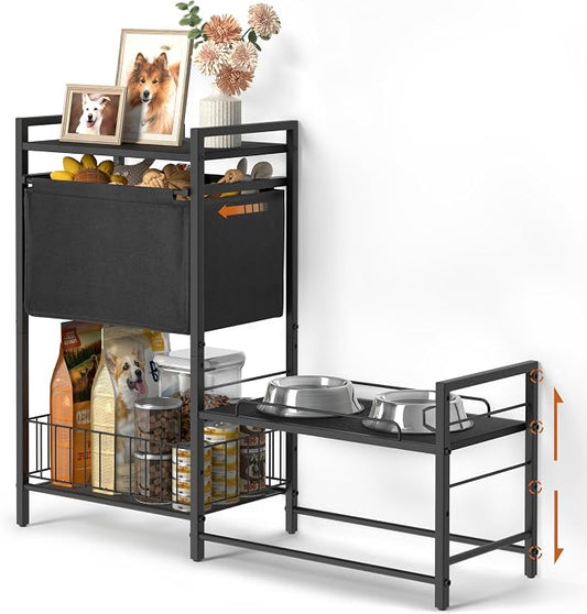 Lomivra Elevated Dog Bowls, Raised Dog Bowl Stand with Dog Toy Bin Basket Dog Food and Water Bowl Feeding Station, Lifted Dog Bowl Holder Cabinet with Pet Storage Organizer for Large Medium Small Dogs
