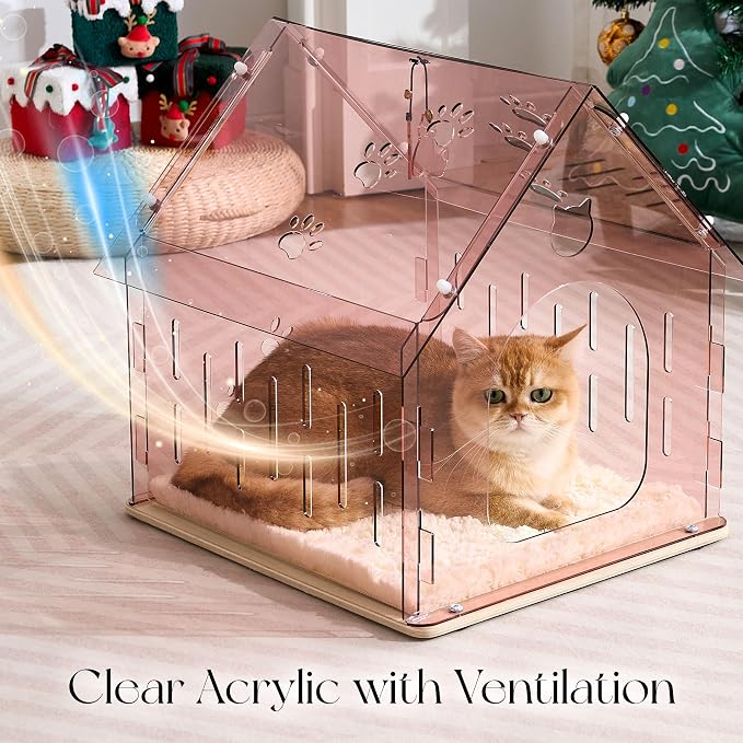 Acrylic Cat House for Indoor Cats, Transparent Cat Bed Cave with Plush Cushion & Hanging Toys, Modern Ventilated Cat Condo with Sturdy Wooden Base for Adult Cats & Kittens up to 15 lbs, Pink