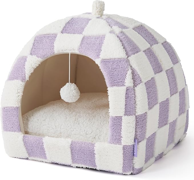 Lesure 2in1 Cute Cat House for Kitten with Washable Cushioned Pillow,17.3in | Cat Beds for Indoor Cats,Small Pet Cave Tent,Cozy Enclosed Foldable Hideaway,Fluffy Ball,Anti Slip Bottom,Hand Strap,Purple