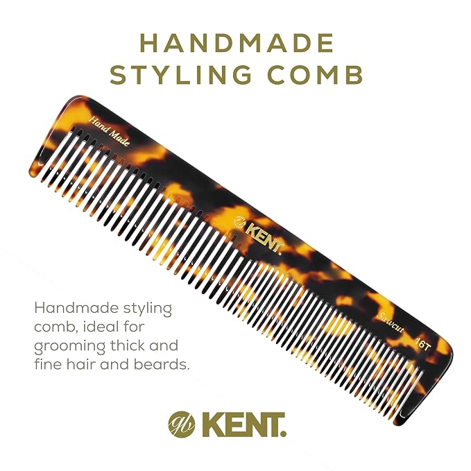 Kent 16T TY Fine and Wide Tooth for Daily Grooming,Handmade Styling Comb for All Hair Types,Wet or Dry Hair Detangling Comb for Men and Women,Saw Cut Hand Polished,Made in England