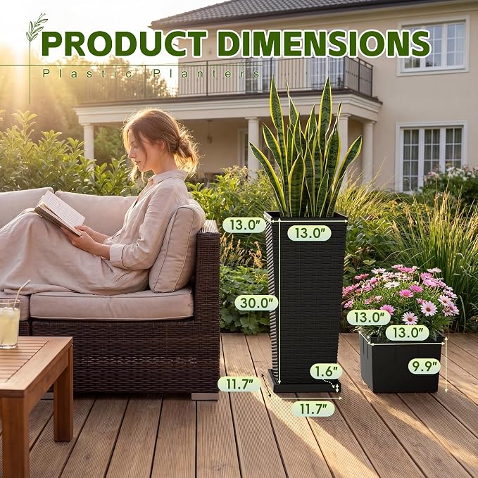 Devoko Resin Tall Planters for Outdoor Plants Set of 2, Large Taper Outdoor Planter Pots with 4 Drainage Holes, Flower Pots Modern Decor for Porch, Patio, Backyard, Garden(Black, 30'' with Trays)