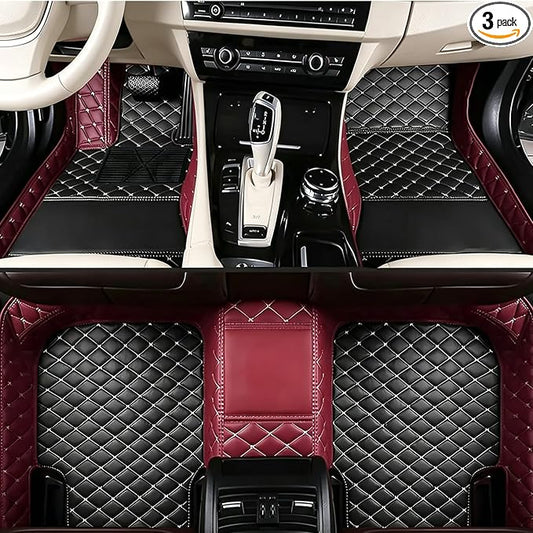 Car Mats for Most Car Models, Customized Leather Floor Liners Full Set, All-Weather with Personalized Text, Non-Slip Easy to Clean(Wine Red+Black)