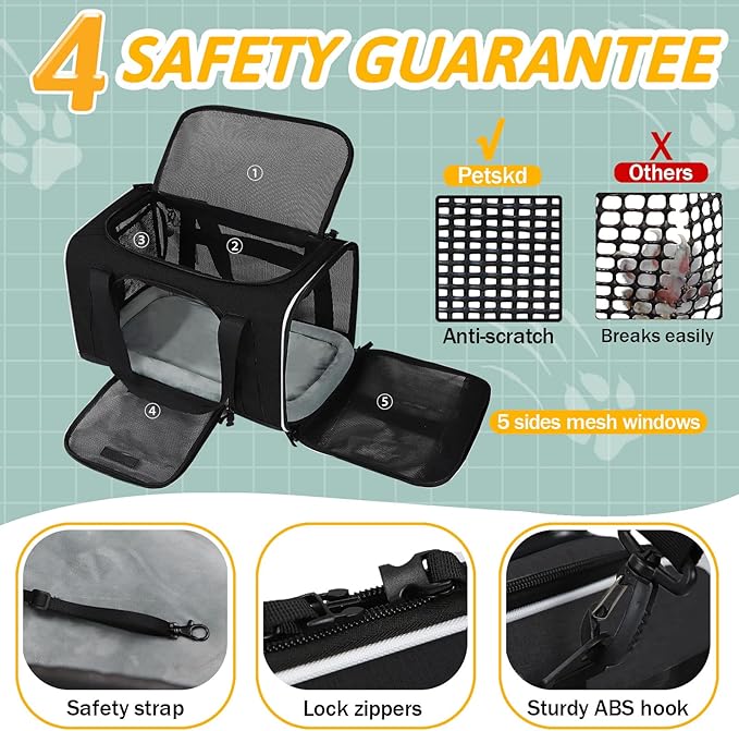 Small Pet Carrier 18" L x 13" W x 9.5" H Airline Approved, Black | for Southwest Airlines, Lockable Safety Zippers and Anti-Scratch Mesh, Pets Under 10 lbs