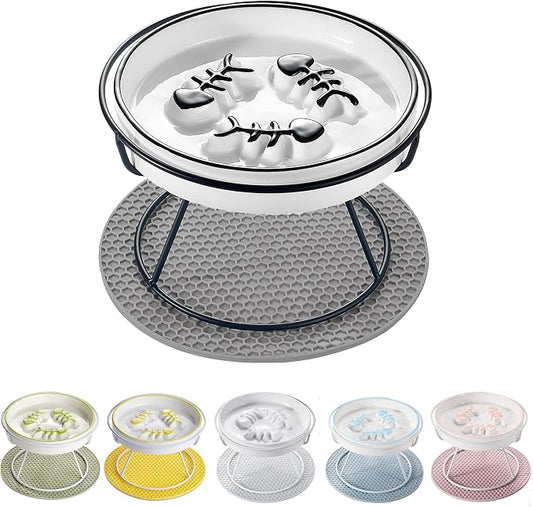 Ceramic Elevated Slow Feeder Cat Bowl, Anti Vomit, Removable Dish, Black | Removable Ceramic Bowl Slow Feeder Anti Vomit Whisker-Friendly Wet & Dry Food