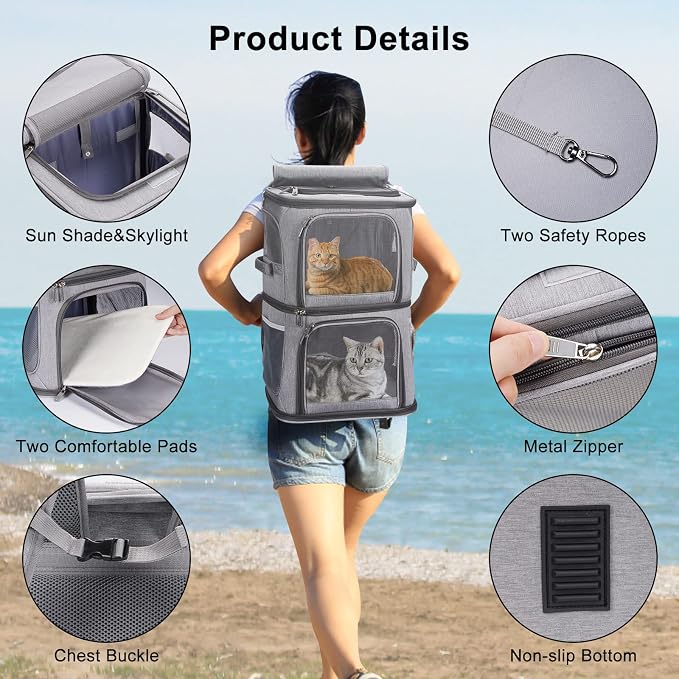 2-in-1 Double Pet Carrier Backpack for Small Cats & Dogs, Grey | Portable Pet Travel Carrier with Super Ventilated Design, Ideal for Hiking, Camping and Outdoor Adventures