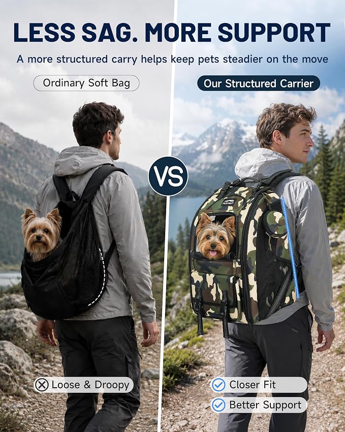 Dog Backpack Carrier with Ergonomic Support, Padded Straps and Ventilation, Hiking Pet Backpack with Safety Tethers, Reflective Trim and Waist Support, Up to 22lbs