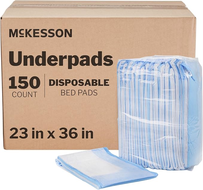 McKesson Underpads Bed Pads, Elderly, Light Absorbency, 23 x 36 in, 150 ct | and Baby, Pee Pads, Fluff