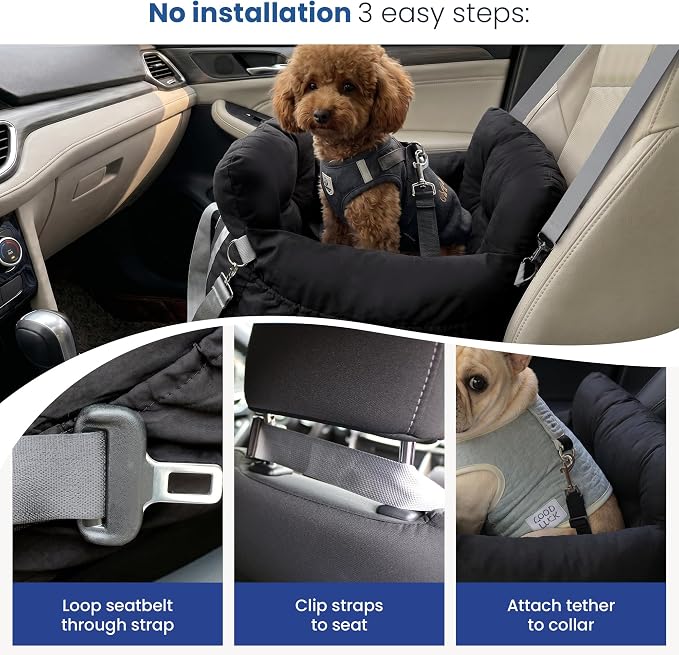 Small Dog Car Seat Cute Puppy Carrier Dog Bed w/Waterproof Bottom | Booster Console Car Seat with Safety Leash, Cozy Pet Car Bag for Travel with 3 Pockets and Adjustable Buckles