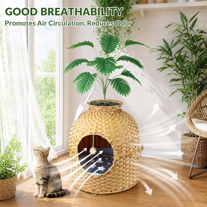 Cat Hidden Litter Box Enclosure Furniture, Handwoven Rattan Cat House with Decorative Faux Plant, Cat Litter Box with Scoop & Sisal Ball, Real Stones for Living Room, Bedroom, Corner Natural