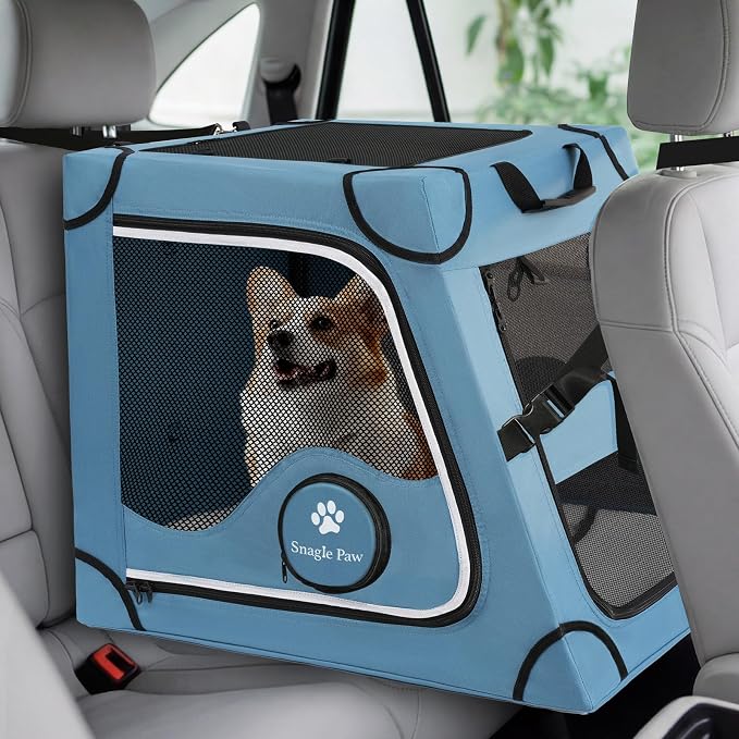 Snagle Paw Portable Dog Crate for Car Travel,Metal Frame Pet Crate,Pet Carrier for Car Back Seat Secures with Headrest Strap and Seatbelt,M
