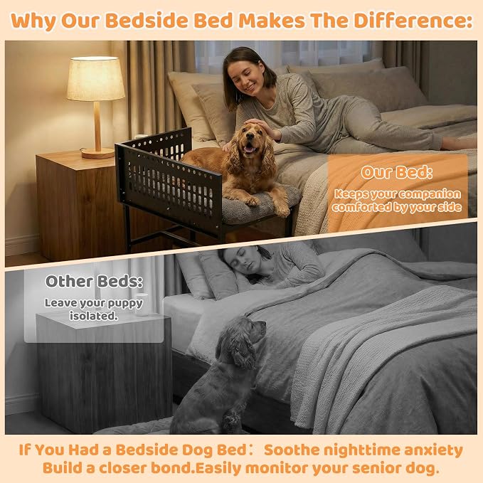 Beside Dog Bed,2 Panels Adjustable Height Dog Bunk Beds,35.4”x23.6” Metal Frame & Cushion, Converts to Bunk Bed or Bed Extension Attachment for Human Bed, for Medium Dogs