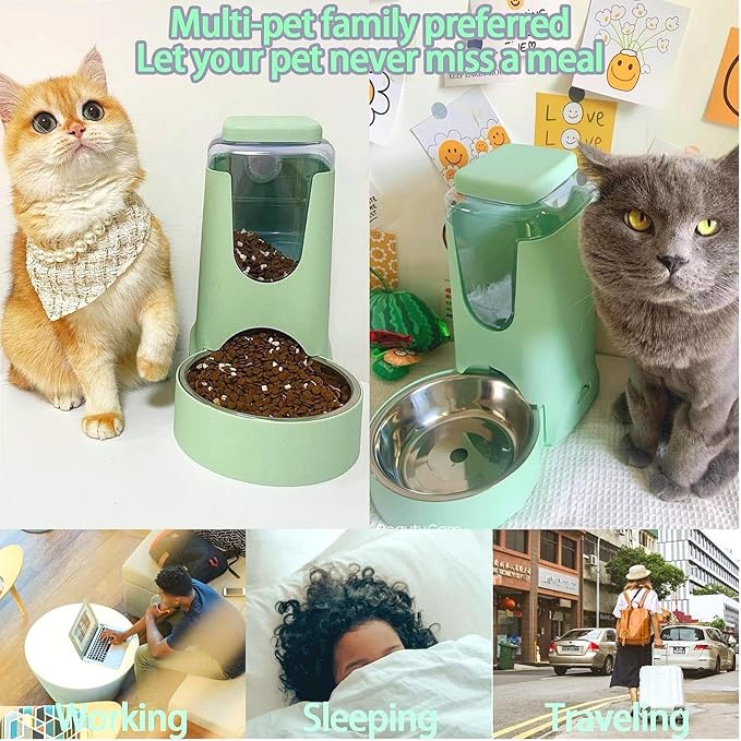 Distributeur automatique de nourriture et d'eau pour animaux de compagnie, capacité 2,8 L (nourriture) et 4 L (eau), avec bol en acier inoxydable pour chiens et chats de petite, moyenne et grande taille (vert clair)