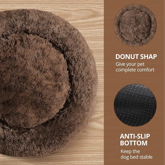 JOLLYVOGUE Calming Dog Bed Medium Size Dog, Anti-Anxiety Donut Medium Pet Bed, 27 inches Fluffy Faux Fur Round Cat Bed (Coffee)