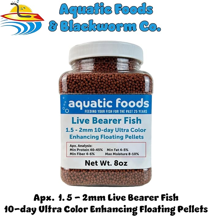 Aquatic Foods Inc. Live Bearer Ultra Red Color Enhancing 1.5mm-2mm Floating Pellets. Color Enhancing in 10-Days for Swordtails, Platies, All Live Bearers…8oz Small Jar