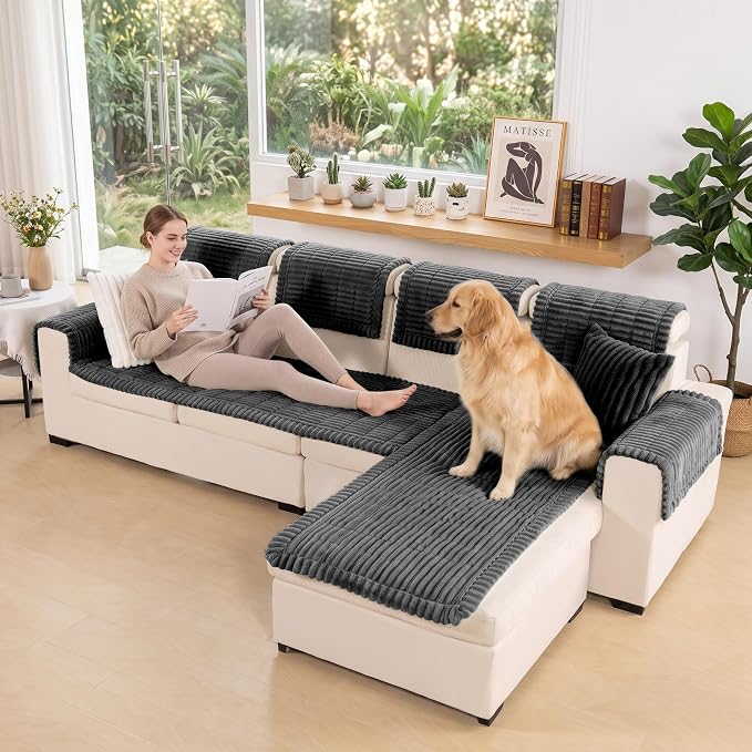 FUANGUI 2 Pack Waterproof Couch Cover for Dogs Pets Sofa Protector | Non-Slip Washable Fuzzy Soft Sofa Slipcover for 2 PCS L Shaped Sofa Pet Friendly, 27.6" x 59.1"+27.6" x 70.9", Dark Grey