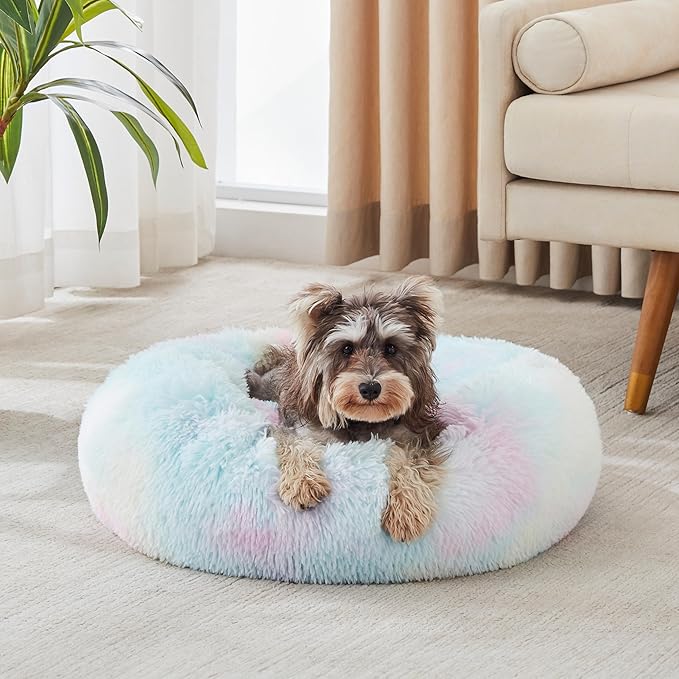 Western Home Calming Donut Small Dog Cat Bed Washable Puppy Bed,24" Rainbow | Fluffy Faux Fur Round Cuddler,Anti-Anxiety,Anti-Slip Bottom,Pet Beds for Puppy&Small Dogs&Large Cat,Up to 25 LBS