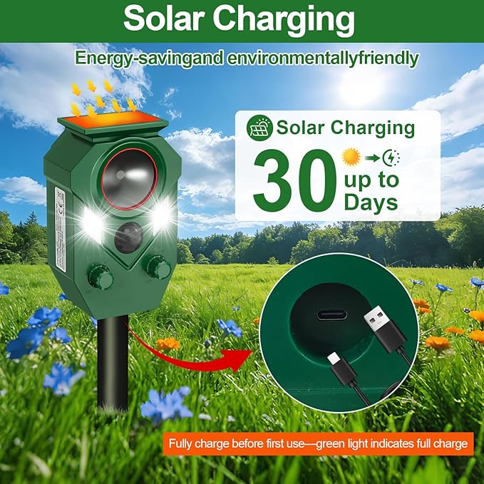 Ultrasonic Animal Repeller Outdoor - Cat Repellent & Deterrent with PIR Sensor & Flashing Light,Solar Powered Deer Repellent for Squirrels, Raccoons, Skunks,Rabbits,and Dogs, IP65 Waterproof (4 Pack)