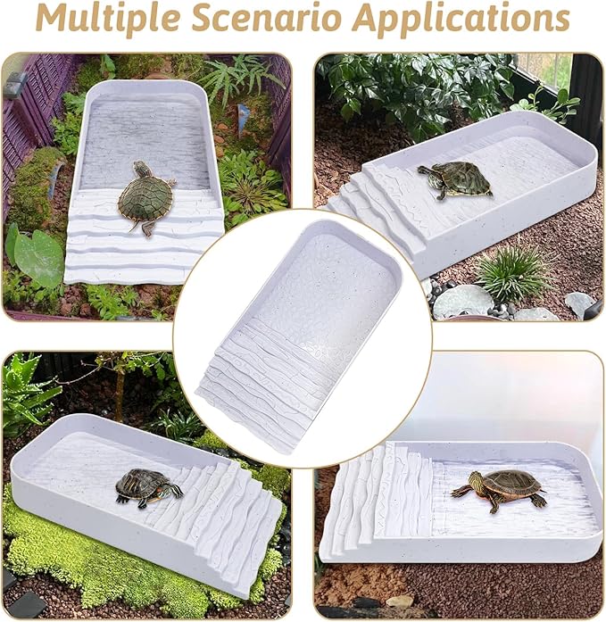PINVNBY Reptile Bathing Pool Plastic Tortoise Food Dish with Ramp Leaf Reptile Food Dish & Water Bowl Tortoise Habitat Accessories for Frog Lizard Box Turtle (White)
