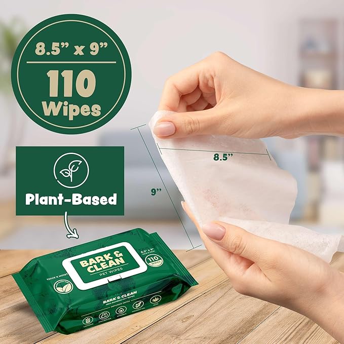 Bark & Clean Bamboo Dog Wipes for Cleaning & Deodorizing - 8.5" x 9" 110 Compostable Hypoallergenic Pet Wipes for Dogs - Paws, Butt & Body - Puppy Face, Ear & Eye Cloths - Pet Supplies