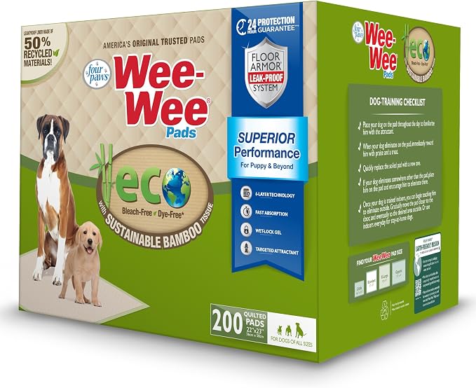Four Paws Wee-Wee Superior Performance Eco Bamboo Dog Pee Pads, 200 Count | Earth friendly, bleach-free, dye-free, dog & puppy potty training pads, leak-proof, 24-hour protection pee pads, 22" x 23"