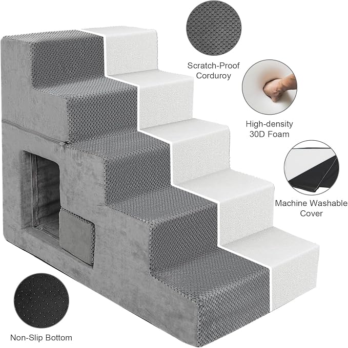 5-Step Dog Stairs for High Bed, 23” H Dog Steps for Bed, Pet Steps for Small Dogs and Cats with Non-Slip Washable Cover, Indoor, Grey