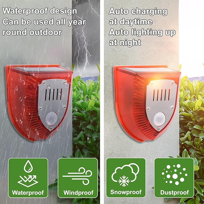 Solar Outdoor Motion Sensor Alarm - Dog Barking&Gunshot Sound 129db, Light Strobe Light Warning Lamp with USB, Motion Detector Noise Maker Warning Lamp for Home, Villa, Farm, Barn, Yard(4 Pack)