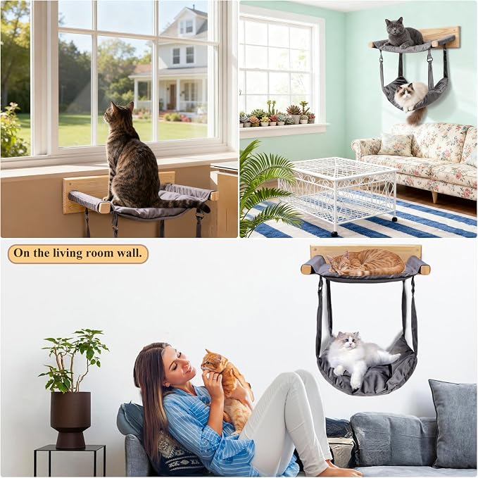 JSPYFITS Wooden Cat Furniture Wall Mounted, Double Layer Hammock, Large Size 18.9″ Removable Multi-Function Cat Bed for Sleep/Play/Climb, Kitten Window Perch, Easy DIY Installation(Grey)