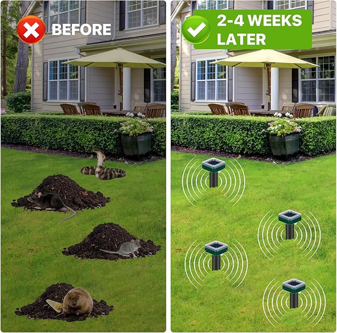 8 Pack Mole Repellent Solar Powered for Lawns Snake Repellent for Yard Gopher Trap Groundhog Vole Repellent Ultrasonic Spike Outdoor Waterproof Sonic Chipmunk Rodent Burrowing Animals Deterrent Stake