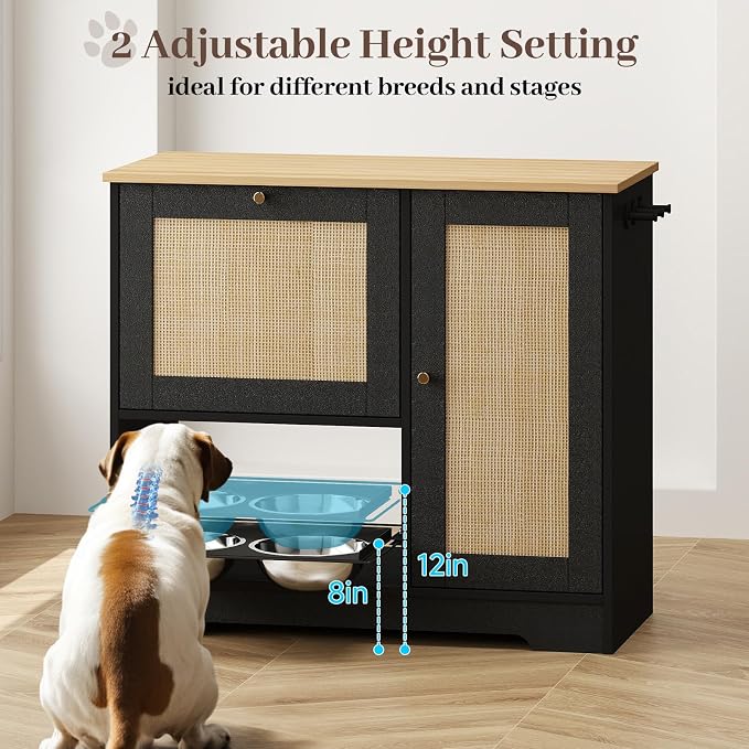 Rovibek Dog Feeding Station with with 2 Elevated Dog Bowls, Dog Food Storage Cabinet with with Storage and Hooks, Hidden Pet Feeder Station Wood for Cats and Dogs, Black