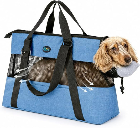 Ownpets XL Cat Dog Purse Carrier, Blue Breathable Mesh, Fits 20lbs | Summer ventilation, lightweight design, shoulder strap, travel vet shopping, blue