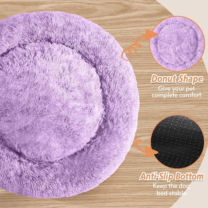 JOLLYVOGUE Calming Dog Beds Large Sized Dog, 36in Donut Washable Large Pet Bed, Anti-Slip & Anti-Anxiety Fluffy Faux Fur Round Dogs Bed, Fits up to 80 lbs Pets (Purple)