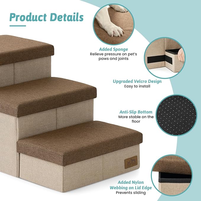 Dog Stairs with Storage, 3-Step Wider Sturdy Dog Steps for Small/Medium/Large Dogs and Older Cats, Doggie Ramp with Condo for Bed/Couch/Car Hold Up to 180 lbs (17.7" H, Brown)