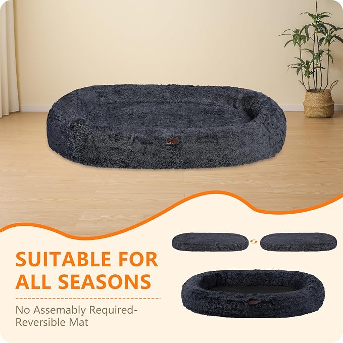 Human Dog Bed for Adult, Orthopedic Gel Memory Foam, 71"x47"x9" | Human Dog Bed Fits Adult & Pets, Reversible Egg-Crate Foam Cushion, Washable Pet Bed with Blanket, Graphite Grey