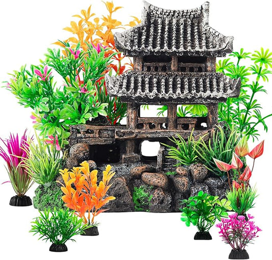 CousDUoBe 9Pcs Resin Castle Decorations Set，Realistic Fish Tank Castle with Eco-Friendly Design,Fish Tank Decorations Aquarium Accessories