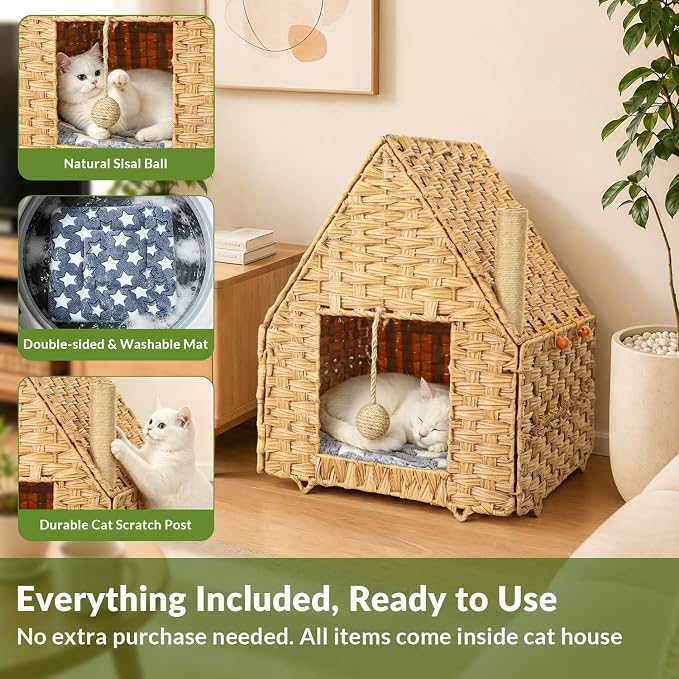 Handwoven Rattan Cat Bed for Indoor Kitten, Cat Cave Bed with Sisal Ball, Cushion & Cat Scratch Post, Foldable Hideaway Cat Hut in Bedroom Living Room, Natural