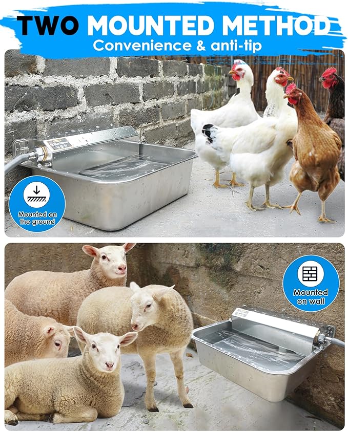 PETIMI Automatic Dog Water Dispenser, 2 Gallons 304 Stainless Steel Dog Water Bowl for Indoor/Outdoor, Large Water Bowl for Pets & Livestock, Anti Tip, Wide Mouth, Water Auto Fill, Fit GHT 3/4" Faucet