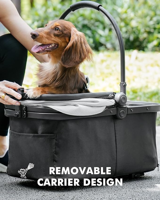 Pet Stroller for Small Dogs and Cats, One-Click Foldable Dog Stroller with Detachable Carrier & 3 Safety Tethers, Holds up to 33 lbs, Storage Basket & Cup Holder, Breathable Mesh, Black