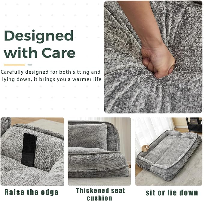 Foldable Lazy Sofa Bed, Double Human Dog Bed for Adults, Light Gray | Skin-friendly Breathable Soft Chenille Upholstered, 5 Adjustable Backrest Positions, 3 Soft Cushions for Living Room