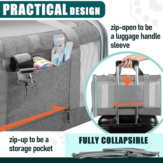 GAPZER Large Cat Carrier Soft, Collapsible Travel Pet Carry Bag, Small Dogs | Large Cats up to 20 lbs+ Maine Coon, Top Load Transport Small Puppy Dog Crate, Chihuahua Mini Dog 10lbs, Sturdy Mesh Grey