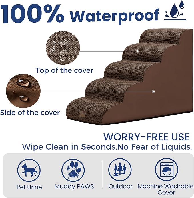 GoGoBunny Ramp Dog Stairs for High Beds 24.4" H, 5-Step Extra Wide Dog Slope Stairs with Durable Waterproof Fabric Cover, Pet Steps for Old Large Dogs Climbing, Non-Slip Sturdy Indoor Step, Brown