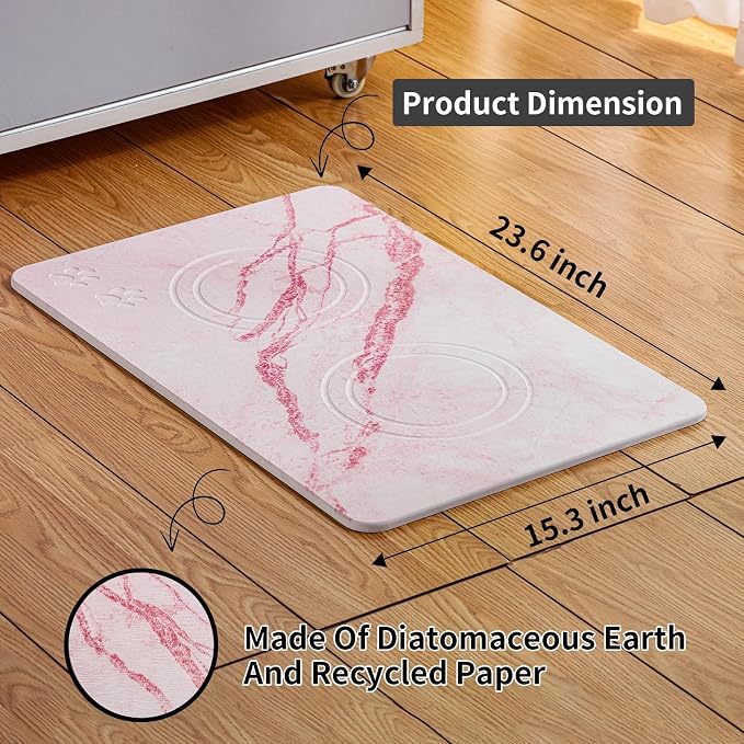 Diatomite Stone Pet Feeding Mat for Dog Cat Super Absorbent Diatomite Quick Drying Stone Dog Food Water Mat, Dog Mats for Food and Water with Non-Slip Station, Fast Dry Pet Mats, Marble Pink
