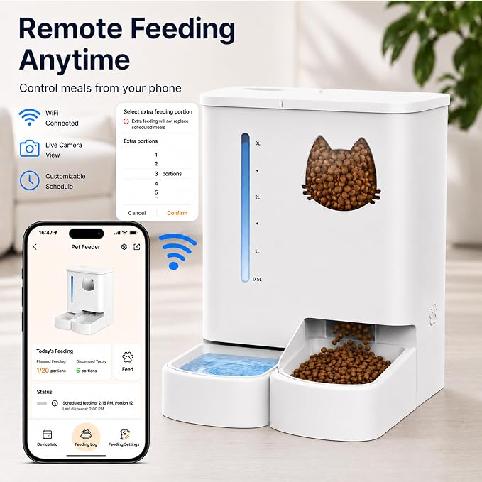 Waithem Automatic Cat Feeder with Camera, 5GHz/2.4GHz WiFi Smart Pet Food Dispenser with HD Night Vision, App Remote Control, 2-in-1 Food and Water Station, Detachable for Cleaning (Ice White)