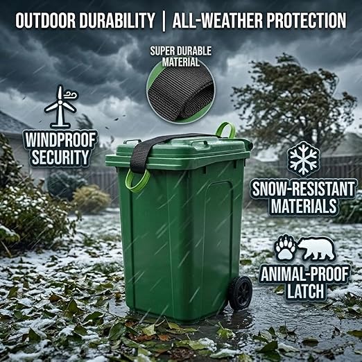 Raccoon Proof Trash Can Lid Lock Strap - Heavy Duty Metal Hooks Garbage Can Lock for Animals, Dogs, Bears - Adjustable Universal Fit, Easy-Pull Handle for Clean Hands, No Drilling - 1 Pack